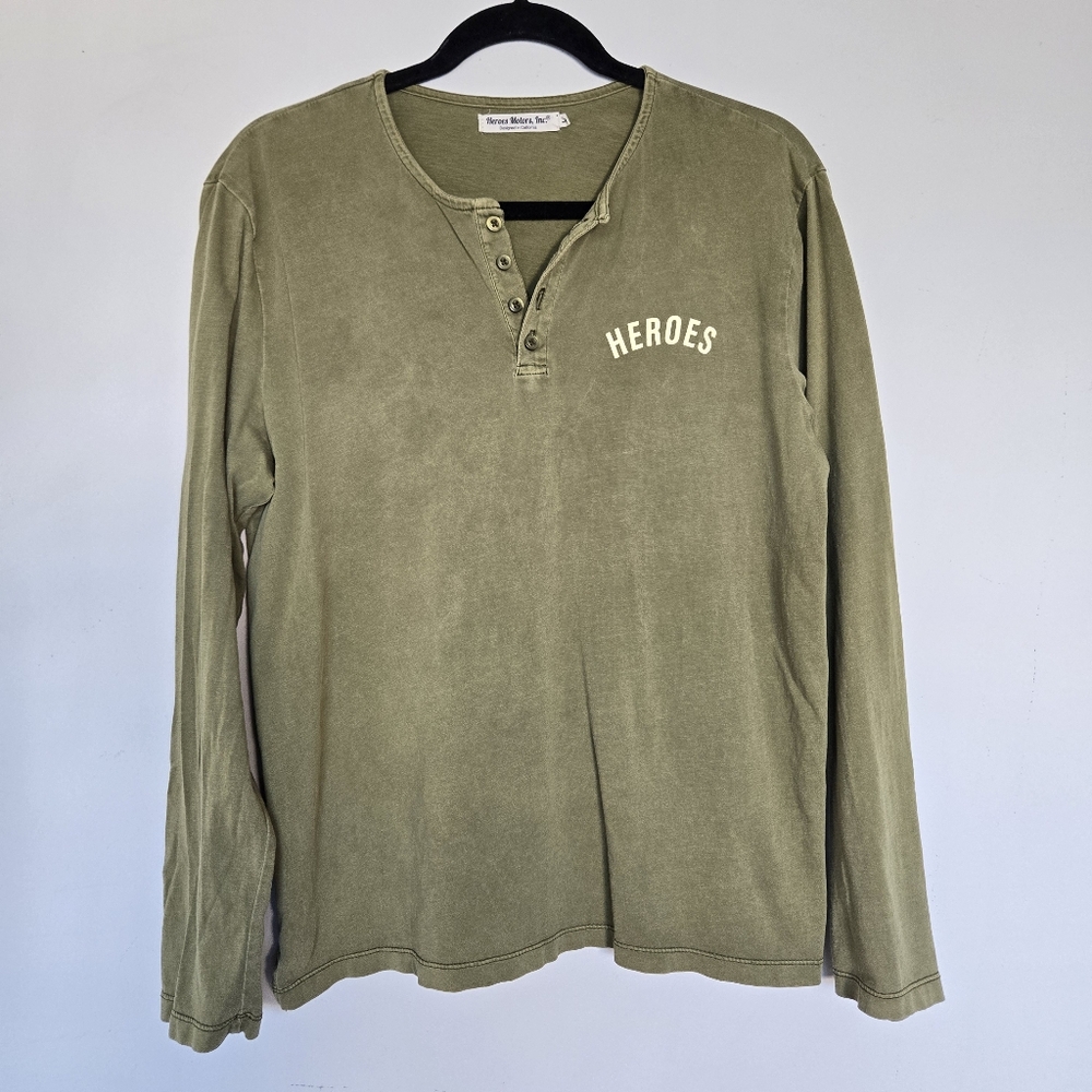 Heroes Motors Olive Henley Shirt Mens L Moto Vintage Graphic Ridecore Streetwear